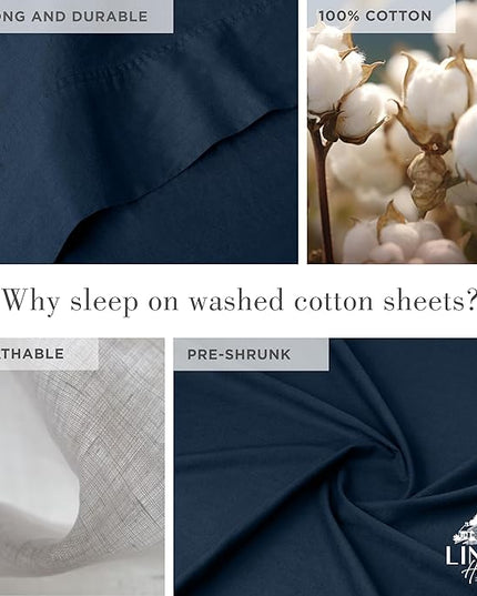 Linen Home Washed Cotton Percale Full Sheet Set, Navy Blue, Deep Pocket, 4 Pieces Bed Sheets - 1 Flat Sheet, 1 Fitted Sheet & 2 Envelope Closure Pillowcases, Cool and Comfortable Bed Linen - LeafyLoom