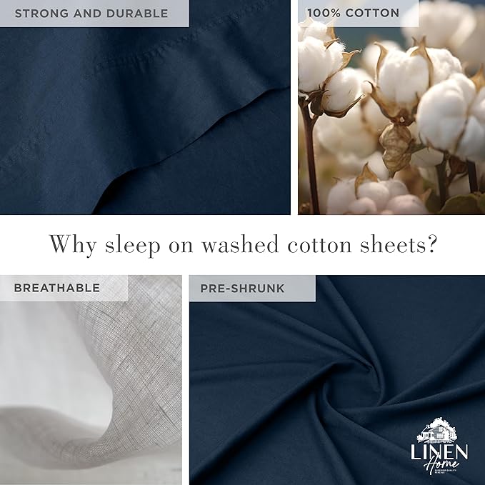 Linen Home Washed Cotton Percale Full Sheet Set, Navy Blue, Deep Pocket, 4 Pieces Bed Sheets - 1 Flat Sheet, 1 Fitted Sheet & 2 Envelope Closure Pillowcases, Cool and Comfortable Bed Linen - LeafyLoom