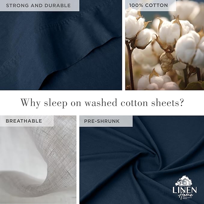 Linen Home Washed Cotton Percale Twin Sheet Set, Navy Blue, Deep Pocket, 3 Pieces Bed Sheets - 1 Flat Sheet, 1 Fitted Sheet & 1 Envelope Closure Pillowcase, Cool and Comfortable Bed Linen - LeafyLoom