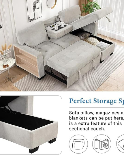 Convertible Sleeper Sectional Sofa Pull Out Bed with Right Hand Chaise Lounge, L-Shaped Velvet Upholstered Corner Couches, Pullout Sofabed with Storage and Drop Down Table & USB Charger - LeafyLoom