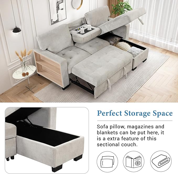 Convertible Sleeper Sectional Sofa Pull Out Bed with Right Hand Chaise Lounge, L-Shaped Velvet Upholstered Corner Couches, Pullout Sofabed with Storage and Drop Down Table & USB Charger - LeafyLoom