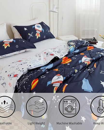 RYNGHIPY Kids Comforter Set Queen Size, Cute Space Rocket Bedding Set for Boys Girls, Space Themed Teen Boy Bedding (Space Rocket,Queen) - LeafyLoom