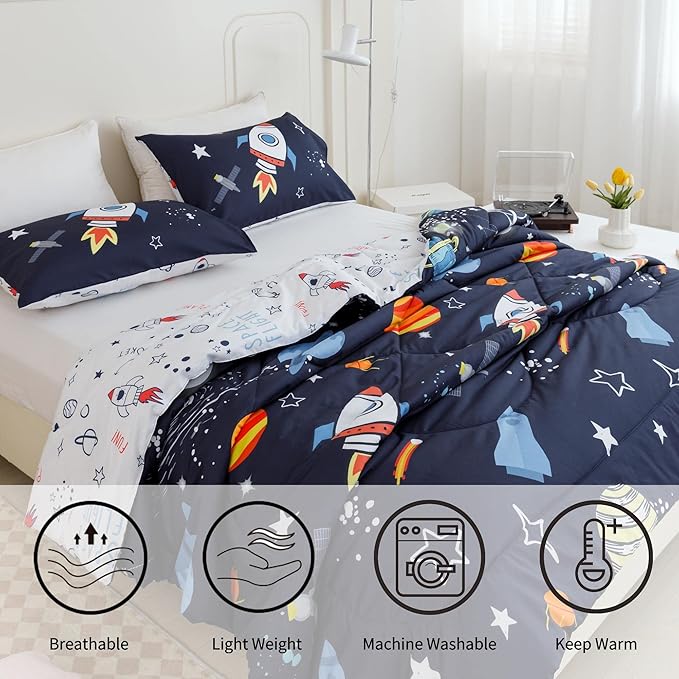 RYNGHIPY Kids Comforter Set Queen Size, Cute Space Rocket Bedding Set for Boys Girls, Space Themed Teen Boy Bedding (Space Rocket,Queen) - LeafyLoom