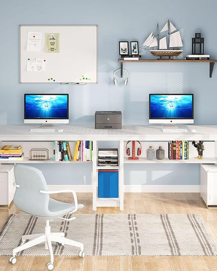 Tribesigns Two Person Desk with Bookshelf, 78.7 Computer Office Double Desk for Two Person, Rustic Writing Desk Workstation with Shelf for Home Office (White) - LeafyLoom