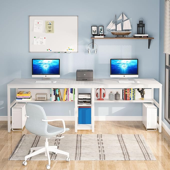 Tribesigns Two Person Desk with Bookshelf, 78.7 Computer Office Double Desk for Two Person, Rustic Writing Desk Workstation with Shelf for Home Office (White) - LeafyLoom