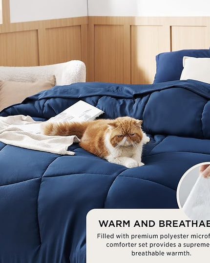 Bedsure Navy King Comforter Set - 7 Pieces Solid King Bed in a Bag, King Bed Set Navy with Quilted Warm Fluffy Comforters, Sheets, Pillowcases & Shams - LeafyLoom