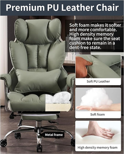 Desk Office Chair 400LBS,Big and Tall PU Leather Computer Chair, Executive Office Chair with Leg Rest and Lumbar Support, Light Green Office Chair - LeafyLoom