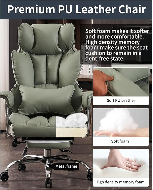 Desk Office Chair 400LBS,Big and Tall PU Leather Computer Chair, Executive Office Chair with Leg Rest and Lumbar Support, Light Green Office Chair - LeafyLoom