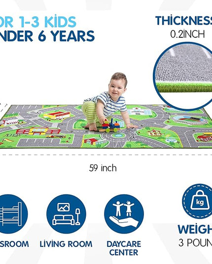 Booooom Jackson Kids Car Rug Play Mat for Toy Cars 31X59 Inch,Colorful Fun Car Play Rug,Road Rug for Bedroom Playroom,Car Area Rug Non-Slip Backing,Kids Car Carpet Toy Car Rug for Boys Toddler - LeafyLoom