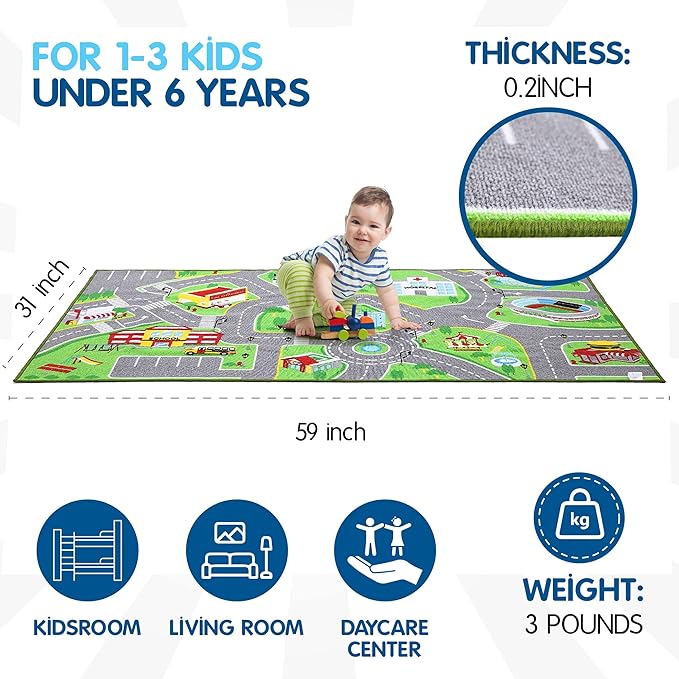 Booooom Jackson Kids Car Rug Play Mat for Toy Cars 31X59 Inch,Colorful Fun Car Play Rug,Road Rug for Bedroom Playroom,Car Area Rug Non-Slip Backing,Kids Car Carpet Toy Car Rug for Boys Toddler - LeafyLoom
