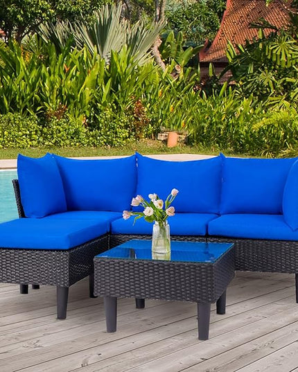 FDW 5 Pieces Patio Furniture Sets Outdoor Sectional Sofa Wicker Chair Rattan Conversation Set for Outdoor Backyard Porch Poolside Balcony Garden Furniture with Coffee Table,Blue Cushion - LeafyLoom