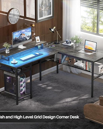 L Shaped Computer Desk with Magic Power Outlets and Smart LED Light, Reversible Office Corner Desk with Ergonomic Monitor Stand, Large Gaming Table with Storage, Sleek Grid Design, Black Oak - LeafyLoom