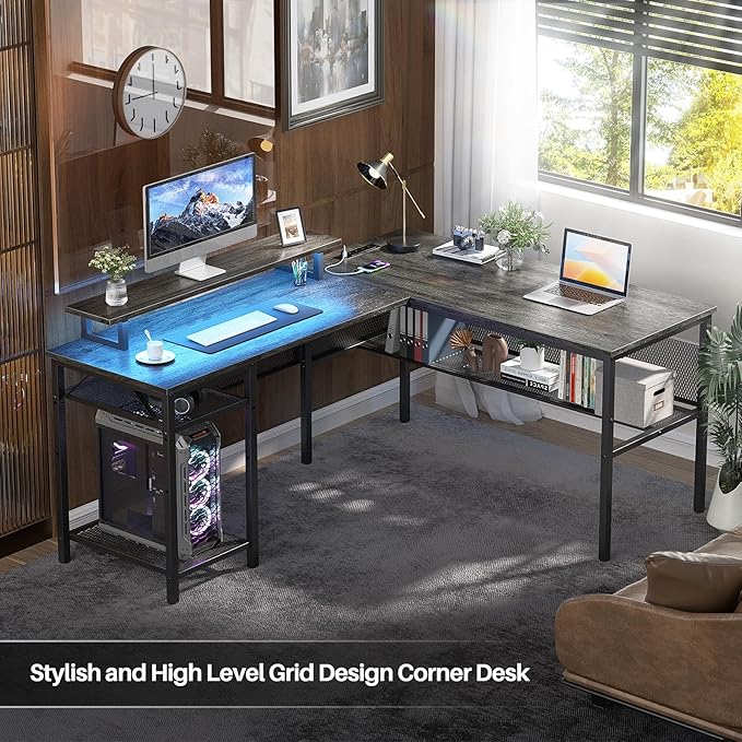 L Shaped Computer Desk with Magic Power Outlets and Smart LED Light, Reversible Office Corner Desk with Ergonomic Monitor Stand, Large Gaming Table with Storage, Sleek Grid Design, Black Oak - LeafyLoom