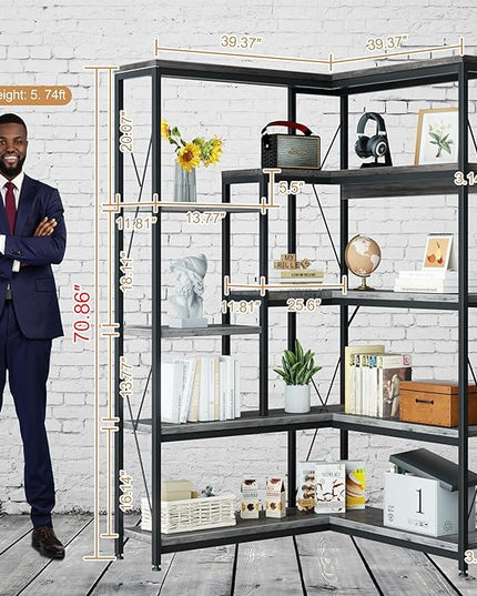 Shintenchi 5 Tiers Corner Bookshelf, 70.86" Tall L-Shaped Bookcase, Large Corner Etagere Bookcase, Corner Shelf Display Storage Rack with Metal Frame for Living Room Home Office, Grey - LeafyLoom