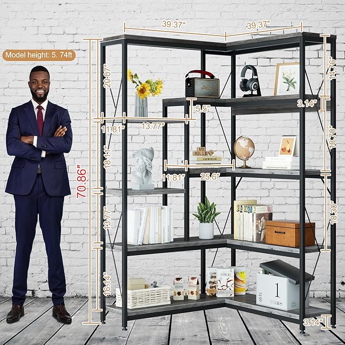 Shintenchi 5 Tiers Corner Bookshelf, 70.86" Tall L-Shaped Bookcase, Large Corner Etagere Bookcase, Corner Shelf Display Storage Rack with Metal Frame for Living Room Home Office, Grey - LeafyLoom