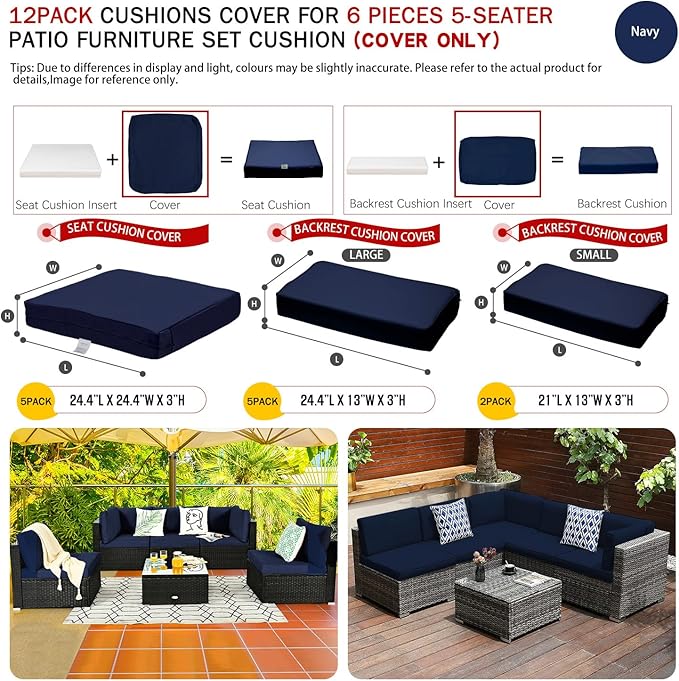 ClawsCover 12Pack Outdoor Seat and Back Cushions Replacement Covers Fit for 6Pieces 5-Seater Wicker Rattan Patio Furniture Conversation Set Sectional Couch Chairs,Navy-Include Cover Only - LeafyLoom