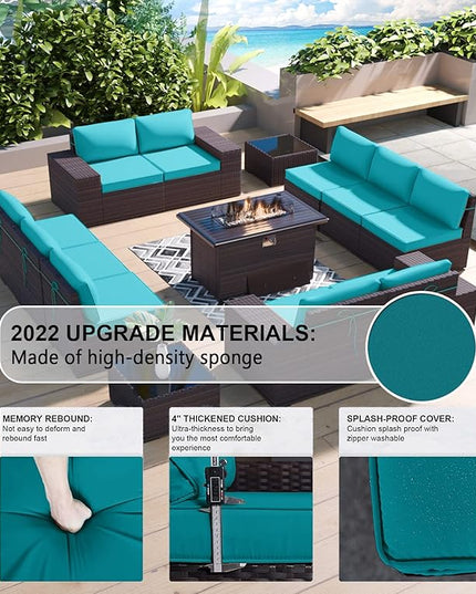 Kullavik 13 Pieces Outdoor Patio Furniture Set with 43" 55000BTU Gas Propane Fire Pit Table PE Wicker Rattan Sectional Sofa Patio Conversation Sets,Blue - LeafyLoom
