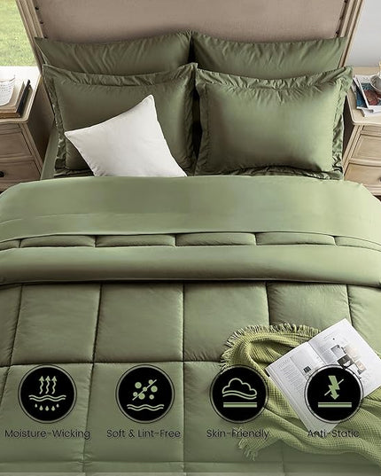 Full Size Bed in a Bag, 7 Pieces Comforter Set, Wood Grain Texture Bedding, Green Bed Set with Comforter, Pillowcases, Flat Sheet, Fitted Sheet and Pillow Shams - LeafyLoom