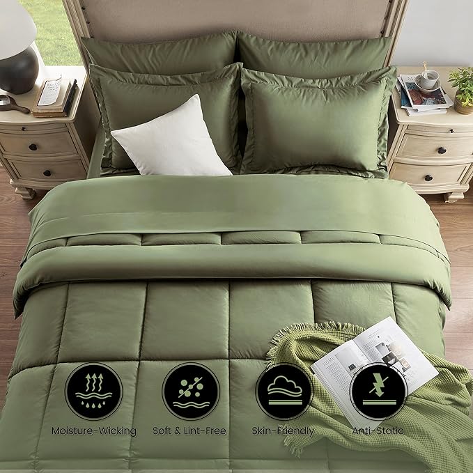 King Size Bed in a Bag 7 Pieces Comforter Set King, Wood Grain Texture Bedding Comforter Set Green Bed Set with Comforter, Pillowcases, Flat Sheet, Fitted Sheet and Pillow Shams - LeafyLoom