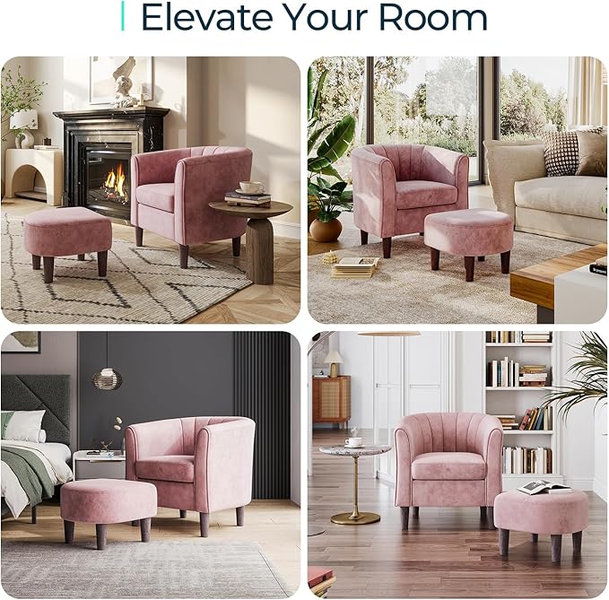 Velvet Accent Chair, Barrel Chair with Ottoman, Modern Comfy Reading Chair Armchair for Living Room Study Room Office, Pink - LeafyLoom