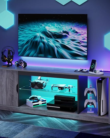 Bestier LED TV Stand with Power Outlets for 55/60/65 Inch TV, Gaming Entertainment Center with Cabinet for PS5, Modern TV Cabinet with Adjustable Glass Shelves for Living Room 58 Inch, Grey Wash - LeafyLoom