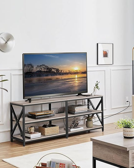 Yaheetech TV Stand with Power Outlet for 75 Inch TV, 3 Tiers TV Storage Cabinet Entertainment Center, Retro 63 Inch Long TV Console Table with Charging Station for Living Room, Gray - LeafyLoom