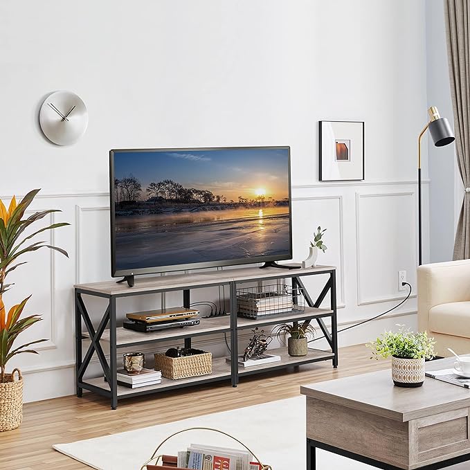 Yaheetech TV Stand with Power Outlet for 75 Inch TV, 3 Tiers TV Storage Cabinet Entertainment Center, Retro 63 Inch Long TV Console Table with Charging Station for Living Room, Gray - LeafyLoom