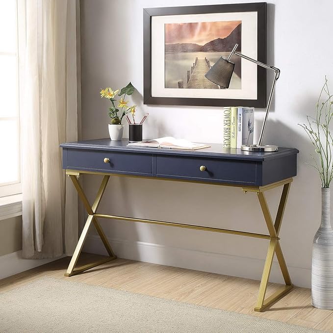 Linon Campaign Desk Navy with Gold Legs, Blue - LeafyLoom