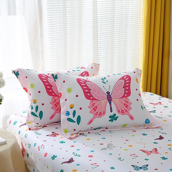 Girls Butterfly Comforter Set Full Size 7 Piece Bed in A Bag Colorful Flowers Leaves Bedding Set for Kids Teens Super Soft All Season - LeafyLoom