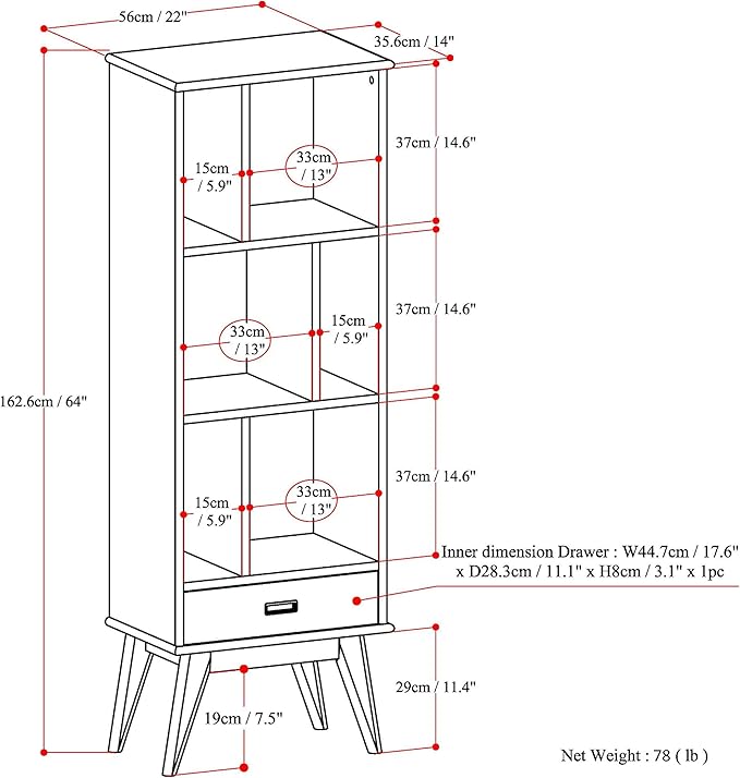 SIMPLIHOME Draper SOLID HARDWOOD 64 inch x 22 inch Mid Century Modern Bookcase and Storage Unit in White for The Living Room, Study Room and Office - LeafyLoom