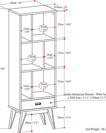 SIMPLIHOME Draper SOLID HARDWOOD 22 Inch Mid Century Modern Bookcase and Storage Unit in Medium Auburn Brown, For the Living Room, Study Room and Office - LeafyLoom