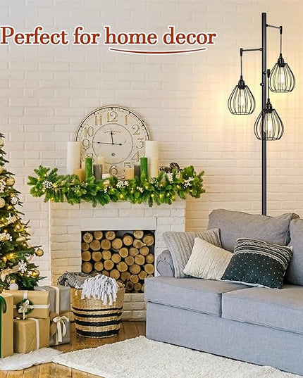 Dimmable Floor Lamp, Farmhouse Industrial Standing Lamp with 3 PCS 7W LED Edison Bulbs & 3 Light Elegant Teardrop Cage Heads, Black Rustic Tree Tall Vintage Pole Lamps for Living Room Bedroom Office - LeafyLoom