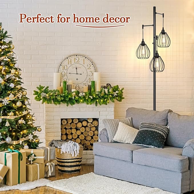 Dimmable Floor Lamp, Farmhouse Industrial Standing Lamp with 3 PCS 7W LED Edison Bulbs & 3 Light Elegant Teardrop Cage Heads, Black Rustic Tree Tall Vintage Pole Lamps for Living Room Bedroom Office - LeafyLoom