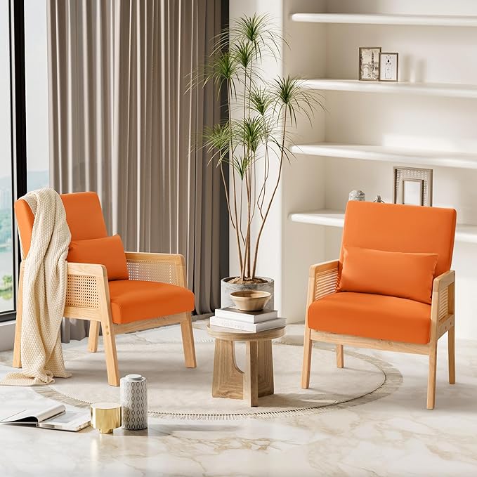 YESHOMY Mid-Century Accent Chair with Pillow Upholstered with Solid Frame & Breathable Armrest for Living Room, Orange - LeafyLoom