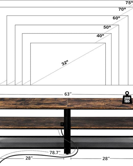 Clikuutory Modern Brown 63 inch Metal TV Stand with LED Lights and Power Outlets for 40 50 55 60 65 70 Inch TVs, 3 Tier Television Stands with Entertainment Center and Storage for Living Room, Bedroom - LeafyLoom