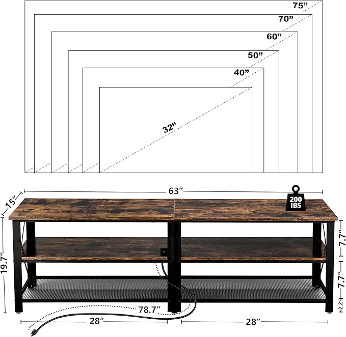 Clikuutory Modern Brown 63 inch Metal TV Stand with LED Lights and Power Outlets for 40 50 55 60 65 70 Inch TVs, 3 Tier Television Stands with Entertainment Center and Storage for Living Room, Bedroom - LeafyLoom