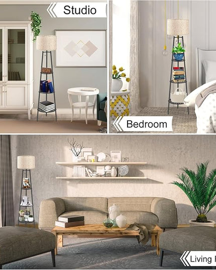 2 PCS Black Floor Lamp with Shelves for Living Room， Standing Lamp，Tall Lamp， Amparas Elegantes para Sala with Linen Shade，Modern Floor Lamp for Living Room，Bedroom or Office（Black Floor Lamp） - LeafyLoom