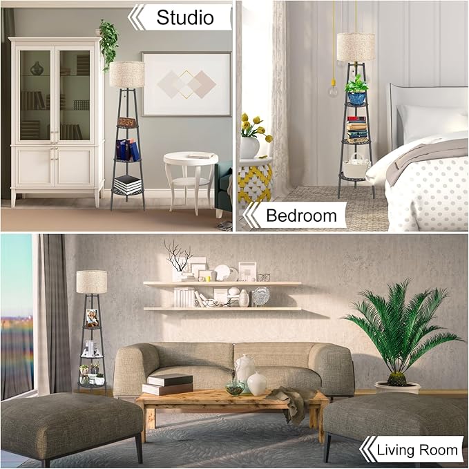 2 PCS Black Floor Lamp with Shelves for Living Room， Standing Lamp，Tall Lamp， Amparas Elegantes para Sala with Linen Shade，Modern Floor Lamp for Living Room，Bedroom or Office（Black Floor Lamp） - LeafyLoom