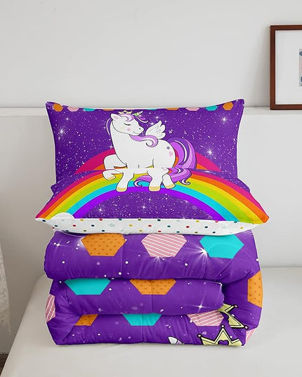 Unicorn Comforter Set Full Rainbow Bedding Set For Girls Children Purple Cute Unicorn Glitter Down Comforter Kids Cartoon Kawaii Warm Soft Duvet Set Galaxy Stars Fantasy Bedroom Decor 2 Pillow Cases - LeafyLoom