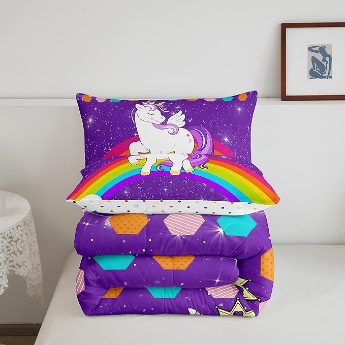 Unicorn Comforter Set Full Rainbow Bedding Set For Girls Children Purple Cute Unicorn Glitter Down Comforter Kids Cartoon Kawaii Warm Soft Duvet Set Galaxy Stars Fantasy Bedroom Decor 2 Pillow Cases - LeafyLoom