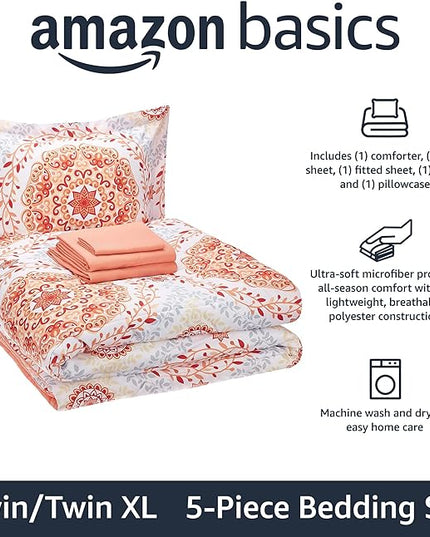 Amazon Basics Lightweight Microfiber Bed-in-a-Bag Comforter 5-Piece Bedding Set, Twin/Twin XL, Coral Medallion, Printed - LeafyLoom