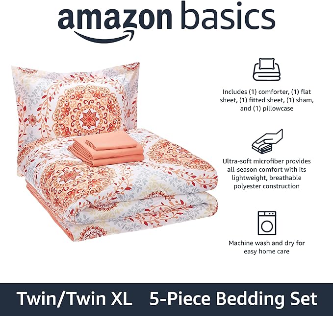 Amazon Basics Lightweight Microfiber Bed-in-a-Bag Comforter 5-Piece Bedding Set, Twin/Twin XL, Coral Medallion, Printed - LeafyLoom