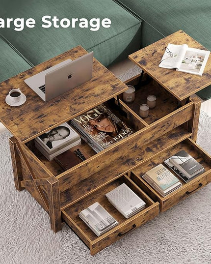 Seventable Coffee Table, 47.2" Lift Top Coffee Table with 2 Storage Drawers and Hidden Compartment, Farmhouse Center Table with Wooden Lift Tabletop, for Living Room,Rustic Brown - LeafyLoom