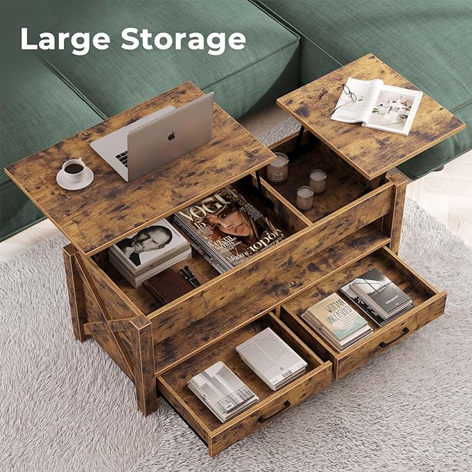 Seventable Coffee Table, 47.2" Lift Top Coffee Table with 2 Storage Drawers and Hidden Compartment, Farmhouse Center Table with Wooden Lift Tabletop, for Living Room,Rustic Brown - LeafyLoom