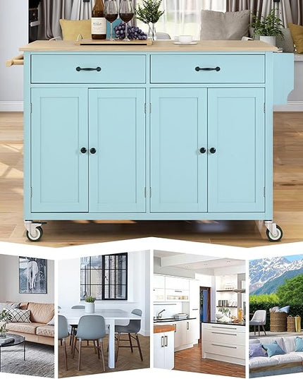 Kitchen Island Cart with Solid Wood Top, Mobile Kitchens Carts with Storage Cabinet, Rolling Kitchen Table w/Spice Rack, Towel Rack, and Drawer, Portable Islands on Wheels for Bar - LeafyLoom