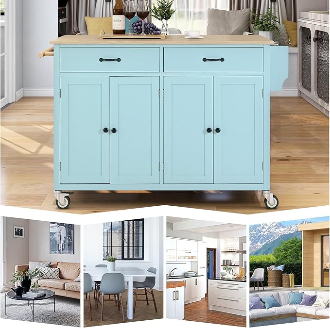 Kitchen Island Cart with Solid Wood Top, Mobile Kitchens Carts with Storage Cabinet, Rolling Kitchen Table w/Spice Rack, Towel Rack, and Drawer, Portable Islands on Wheels for Bar - LeafyLoom