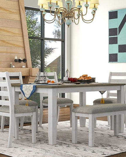 Rustic Style 6-Piece Dining Room Table Set with 4 Upholstered Chairs & a Bench, Brown + Whitewash, 60" L x 36" W x 30" H - LeafyLoom