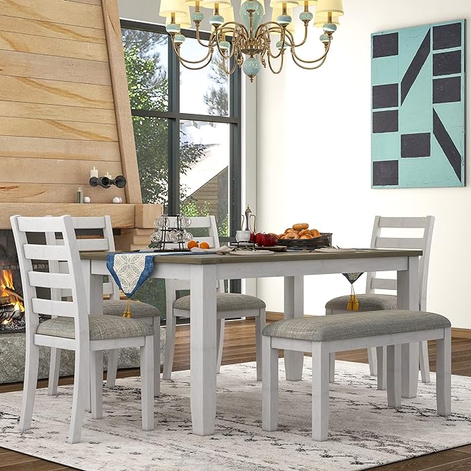 Rustic Style 6-Piece Dining Room Table Set with 4 Upholstered Chairs & a Bench, Brown + Whitewash, 60" L x 36" W x 30" H - LeafyLoom