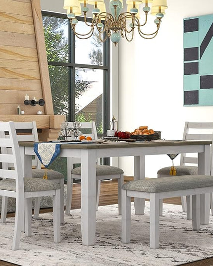 Set 6-Piece Rustic Dining Ensemble-Rectangular Wood Kitchen Table, 4 Chairs, and an Upholstered Bench with Comfy Cushions, Brown + White Wash Aesthetic, Onesize - LeafyLoom