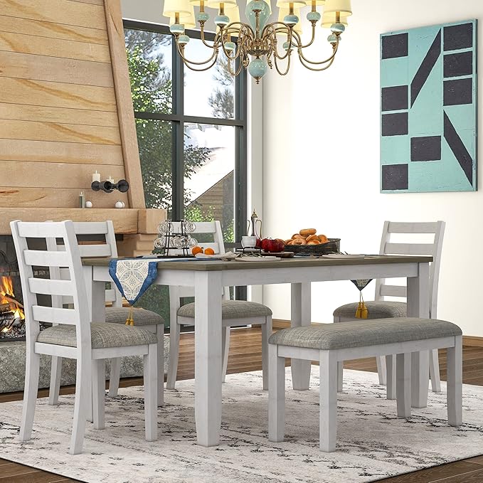 Set 6-Piece Rustic Dining Ensemble-Rectangular Wood Kitchen Table, 4 Chairs, and an Upholstered Bench with Comfy Cushions, Brown + White Wash Aesthetic, Onesize - LeafyLoom